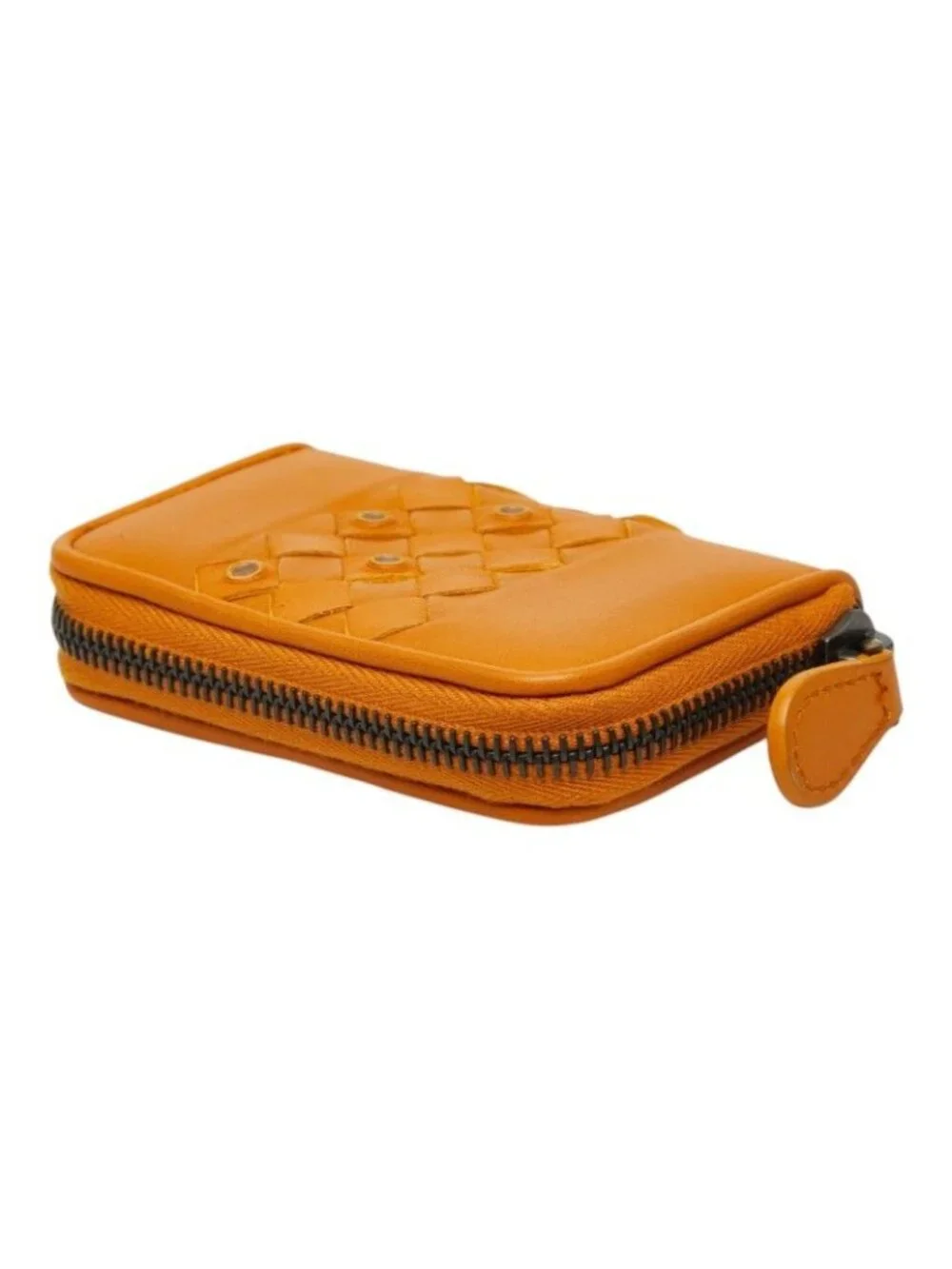 Bottega Veneta Intrecciato Zip Around Coin Purse Orange Brown Leather
